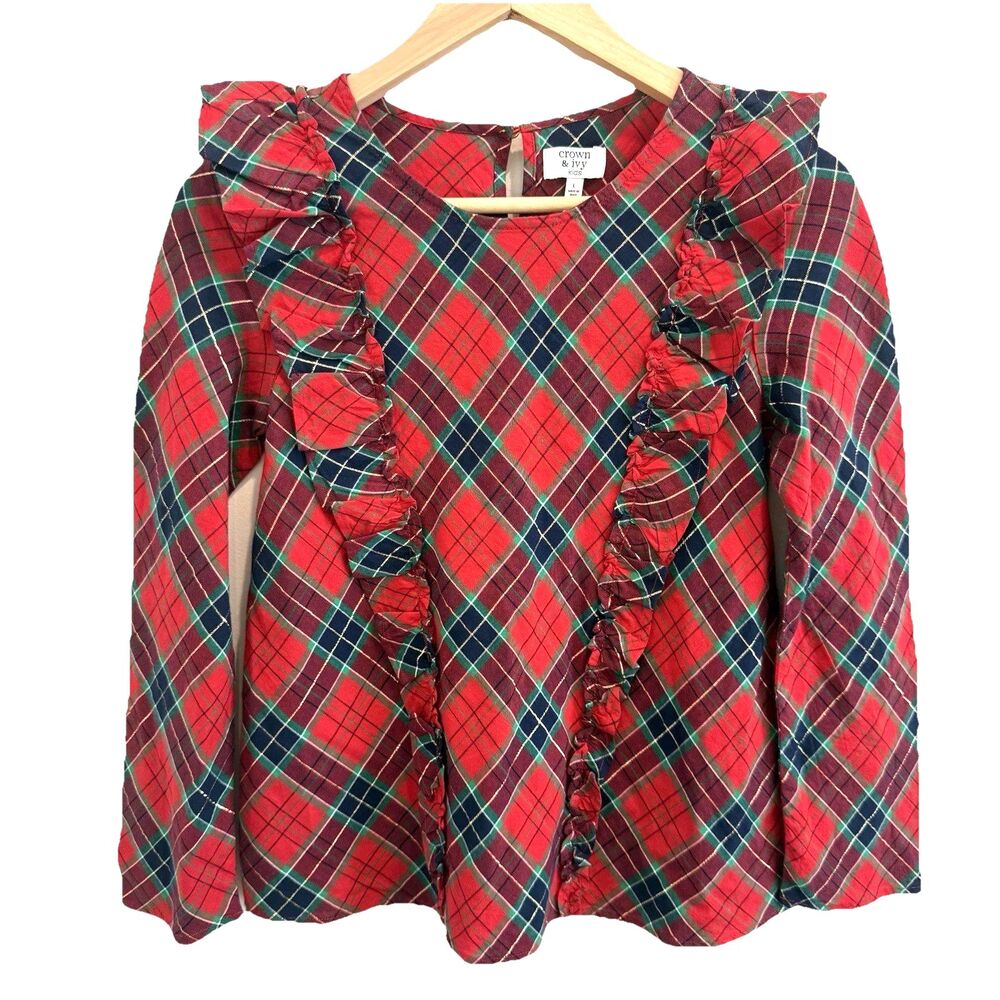 Crown & Ivy Tartan Plaid Holiday Top Blouse Christmas Girls Sz L 10/12 Red Green